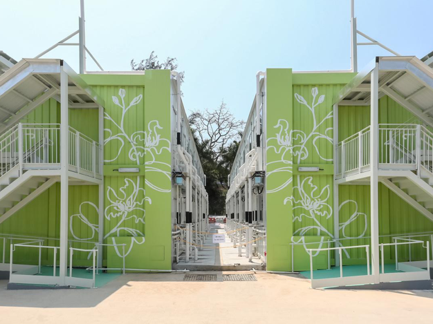 Two storey high temporary Q camps with 234 Q units built at Lei Yue Mun Park, Football Pitch