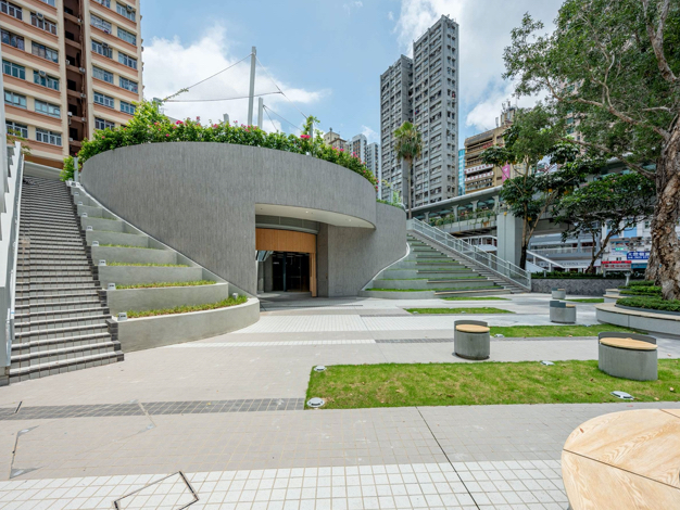 A podium garden with landscape plants to create urban greenery