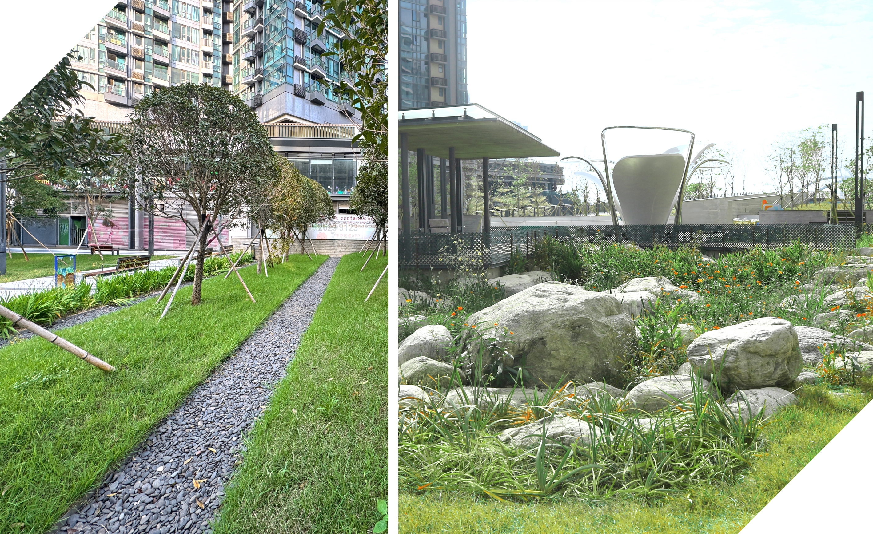 公園内的雨水花園和生態草溝可儲存和過濾雨水，透水路面則可減少地表徑流，加上實時感測器追蹤集水績效，成為本港的抗洪及可持續藍綠基建的範例。
