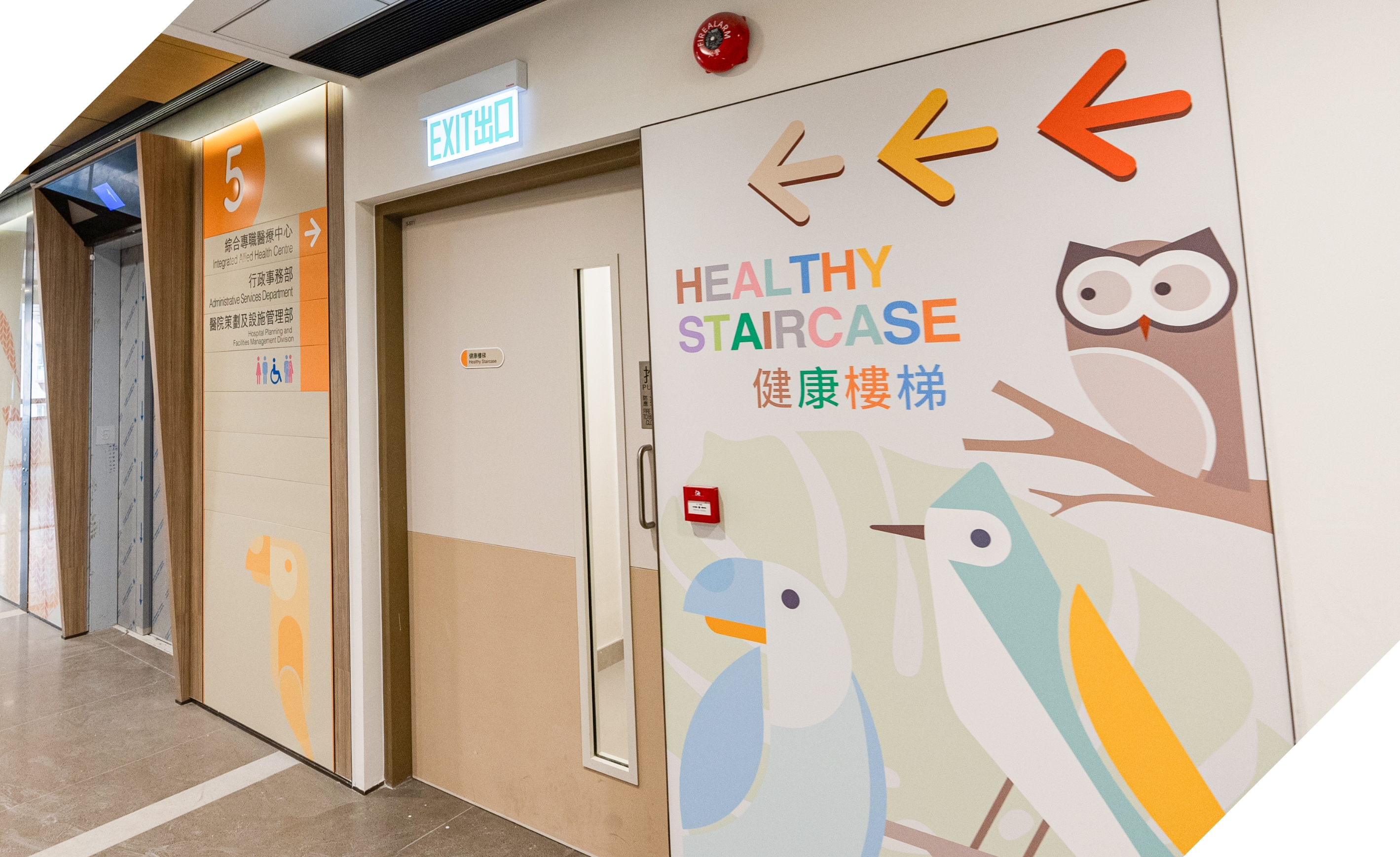 「健康樓梯」鼓勵病患與員工以步行代替乘搭電梯，減低能源使用之餘亦促進身體活動。