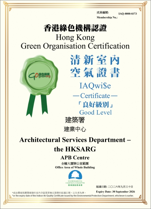 「良好級別」清新室內空氣證書（建業中心）