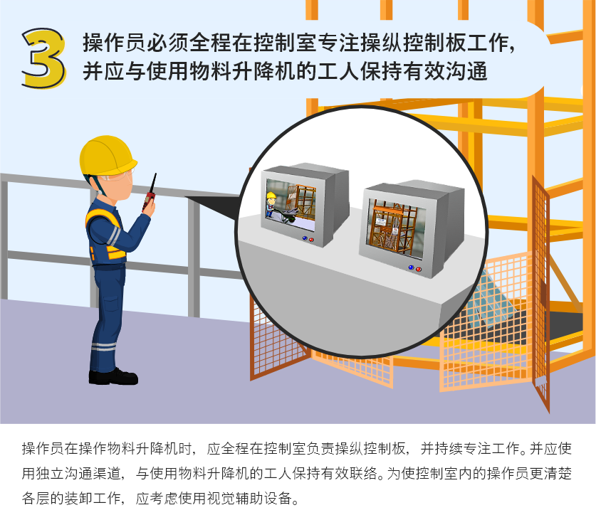 操作員必須全程在控制室專注操縱控制板工作，並應與使用物料升降機的工人保持有效溝通
