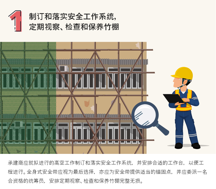 制订和落实安全工作系统,定期视察、检查和保养竹棚