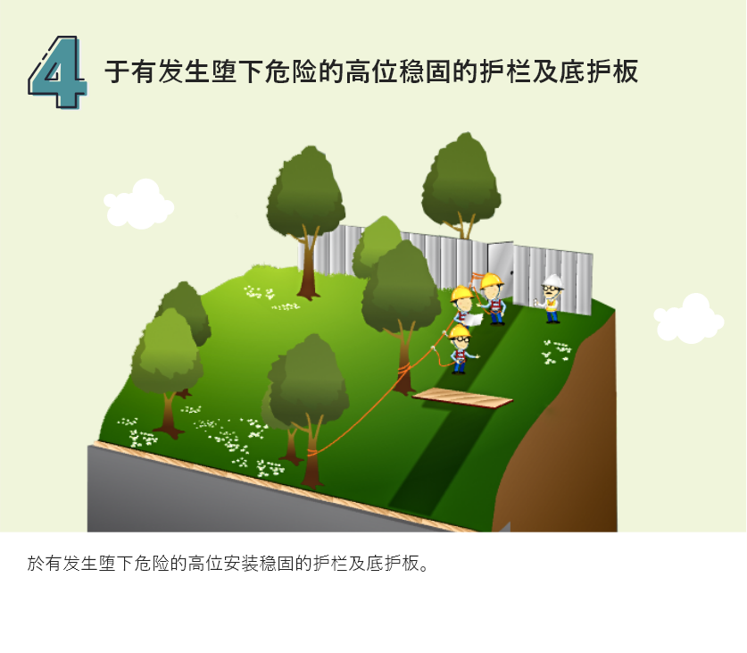 于有发生堕下危险的高位稳固的护栏及底护板