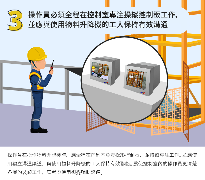 操作員必須全程在控制室專注操縱控制板工作，並應與使用物料升降機的工人保持有效溝通