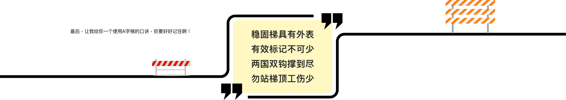 最后，让我给你一个使用A字梯的口诀，你要好好记住啊！  稳固梯具有外表 有效标记不可少 双臂双钩撑到尽 勿站梯顶工伤少