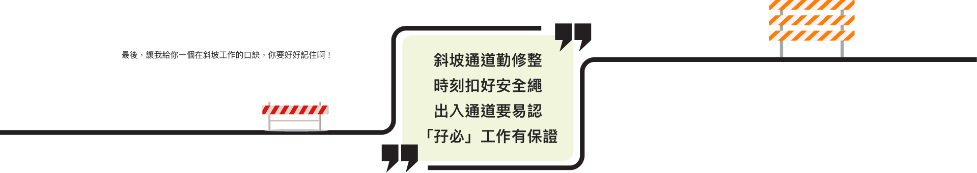 最後,讓我給你一個在斜坡工作的口訣,你要好好記住啊! 斜坡通道勤修整 時刻扣好安全繩 出入通道要易認 「孖必」工作有保證