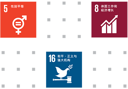 联合国可持续发展目标﹕5.性别平等; 8.体面工作和经济增长; 16.和平、正义与强大机构