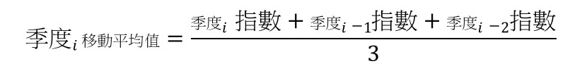季度i移動平均值 = (季度i指數 + 季度i-1指數 + 季度i-2指數) / 3